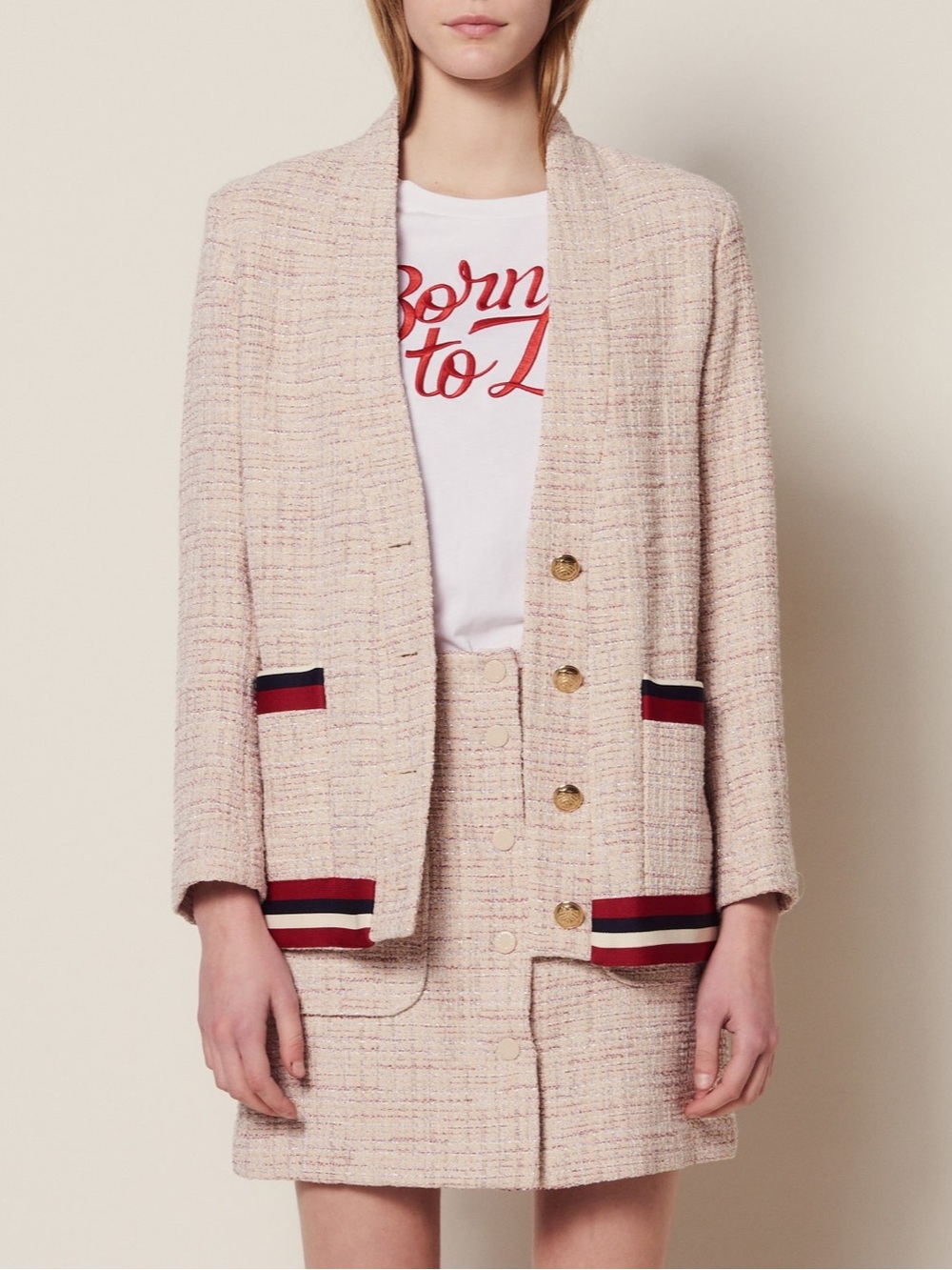 Sandro Cream Tweed Blazer with Red-Trim Accents